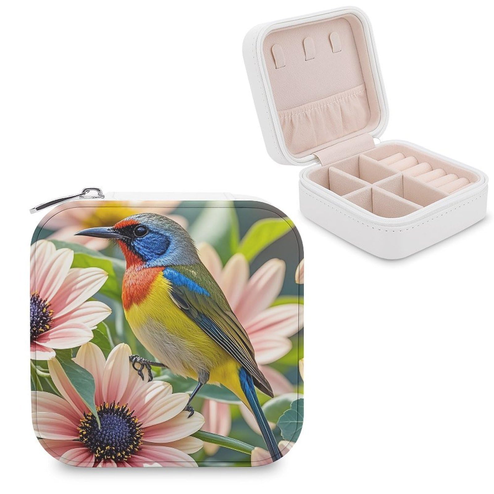 LZQPOEAS Flowers And Birds Jewelry Box Mini Jewelry Travel Case Trendy Stuff Ring Box Custom PU Leather Jewelry Boxes Portable Jewelry Case Earring Storage Organizer for Girls Women