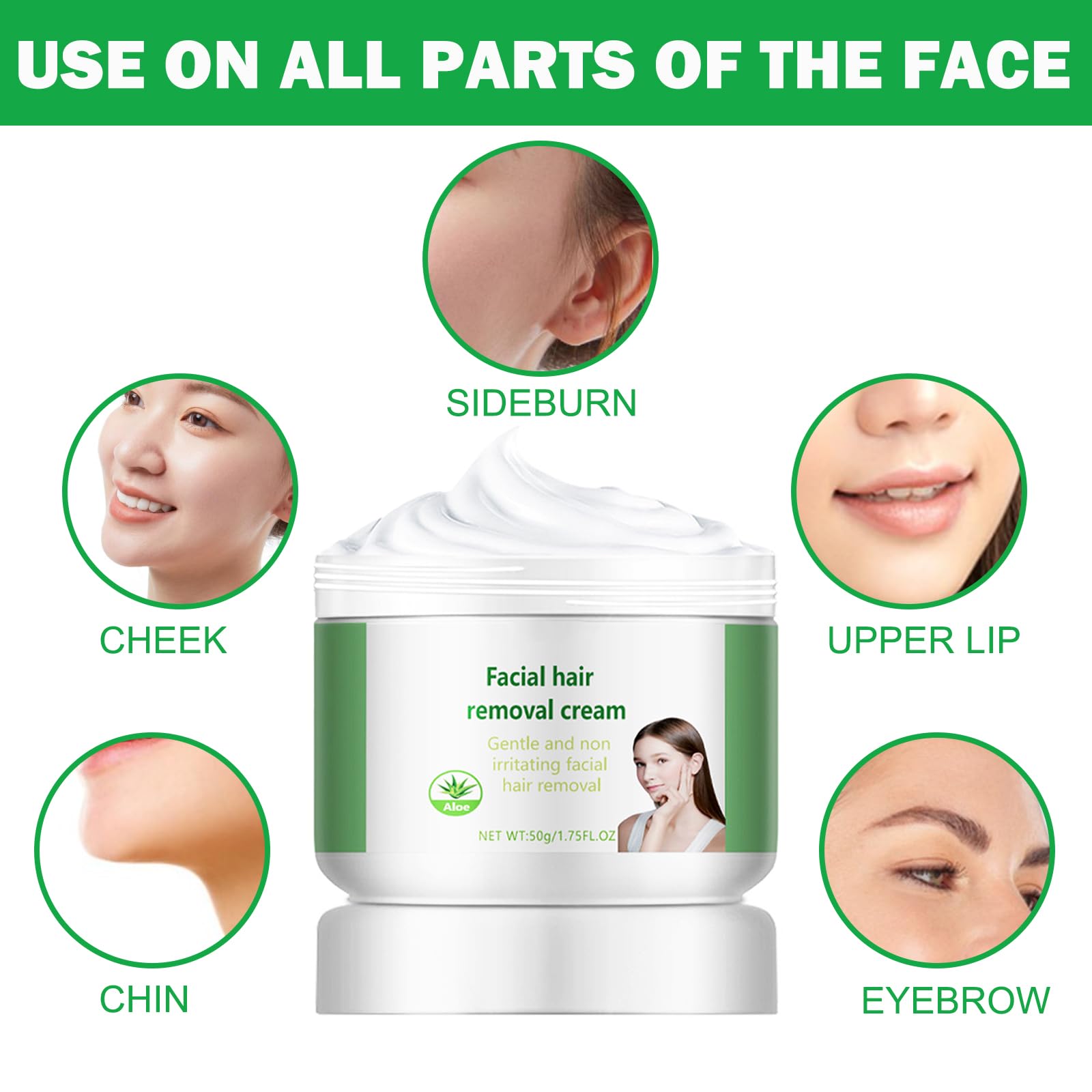 Crema depilatoria facial y crema de depilación corporal para mujeres, removedor de aloe vera para labio superior y barbilla, removedor de vello facial para piel sensible corporal, suave y no irritante 5