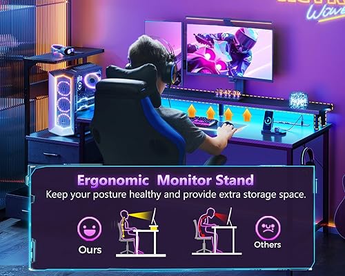 Miniatura 8 de Casaottima - Escritorio de 52 pulgadas para juegos con puertos de carga USB y luz LED - Escritorio reversible para computadora con 3 cajones de