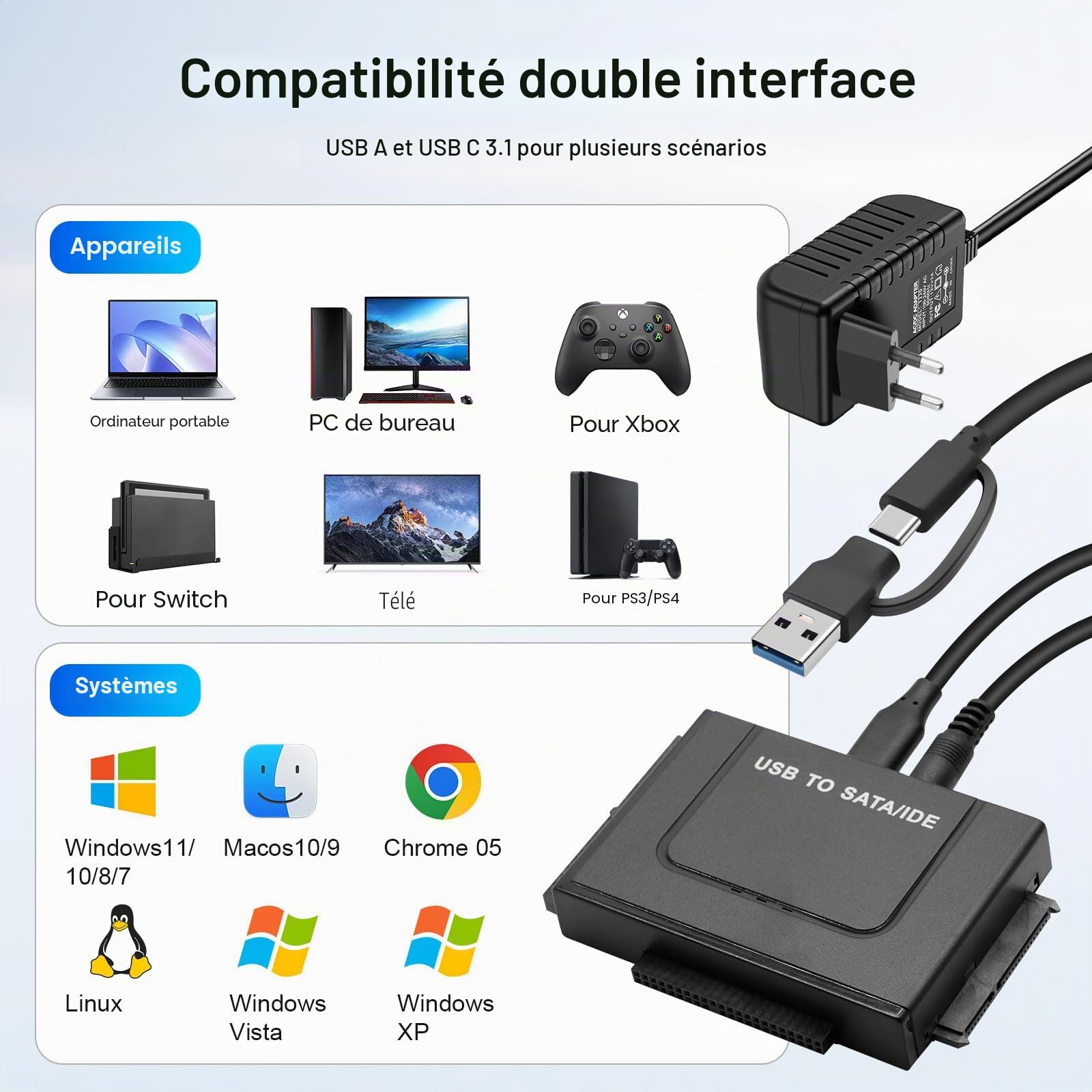 Adaptateur Disque dur USB 3.1 6Gbps pour 2.5" 3.5" HDD SSD SATA IDE Convertisseur avec Câble USB Alimentation 12V 2A