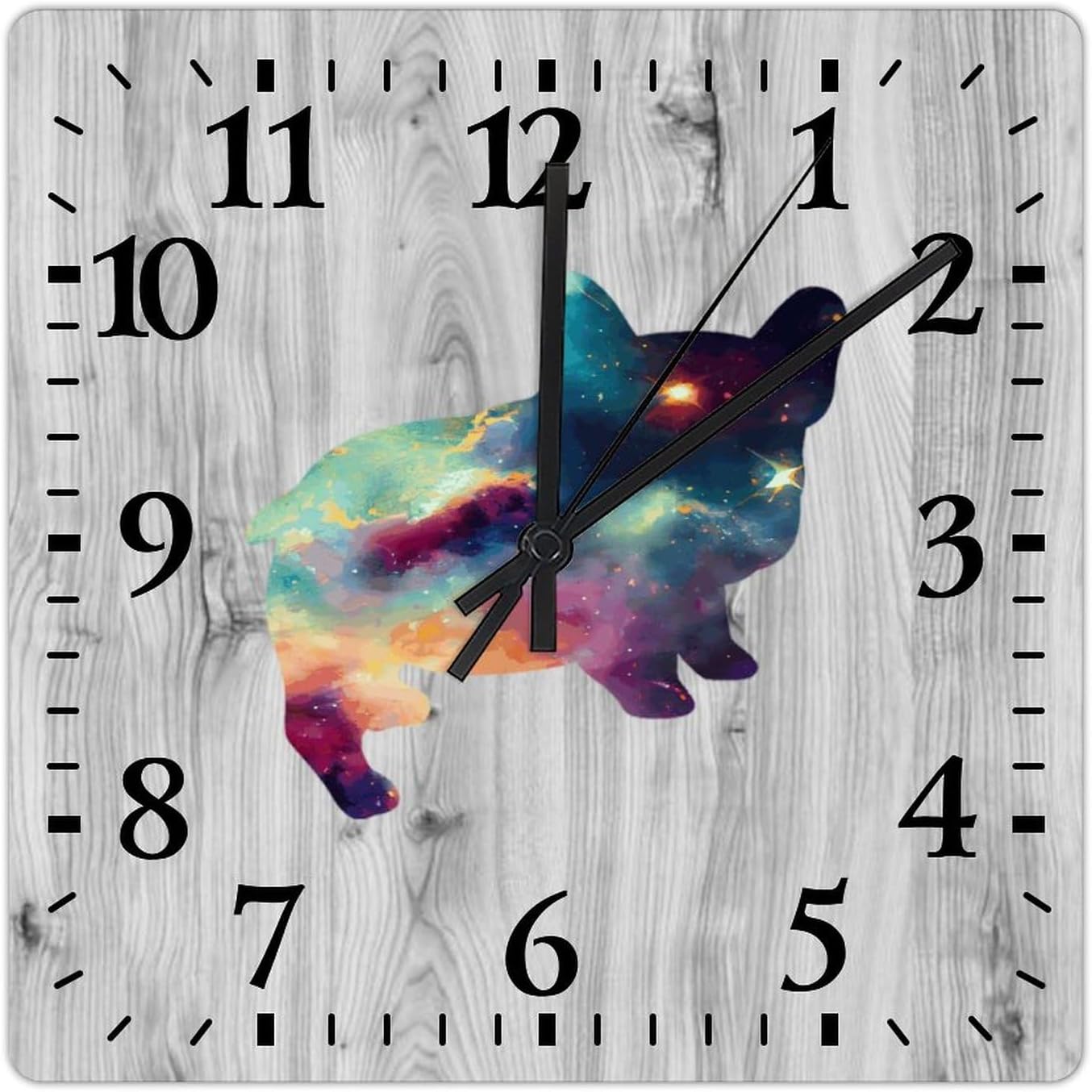 French Bulldog Wall Clock Dog Silhouette Wooden Wall Clocks Battery Operated 15 Inch Non-Ticking Retro Cabin Wall Decor for Kitchen Bedroom Living Room Office
