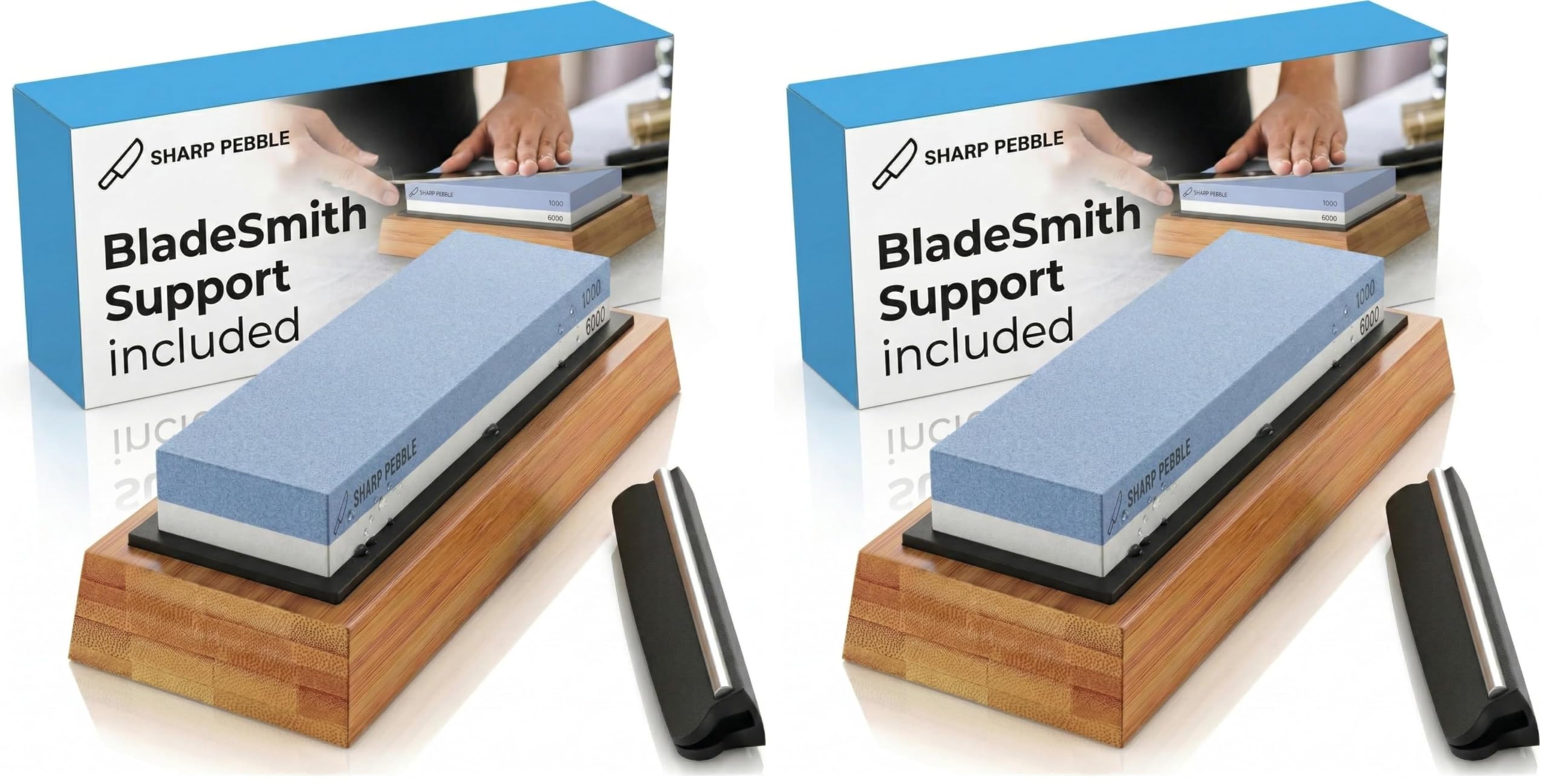 Sharp Pebble Premium Whetstone Knife Sharpening System – 1000/6000 Grit Whetstone Knife Sharpener &amp; Honing Kit with Angle Guide &amp; Non-Slip Bamboo Base – Guided Beginner Instructions (Pack of 2)