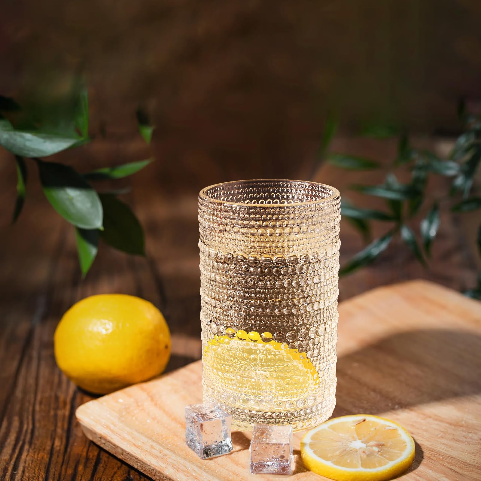 Vintage Drinking Glasses, 13 oz Hobnail Drinking Glasses Set of 6, Includes 8 glass straws, Ribbed glassware, Textured Hobnail glassware, Whiskey glasses,Cocktail glasses.