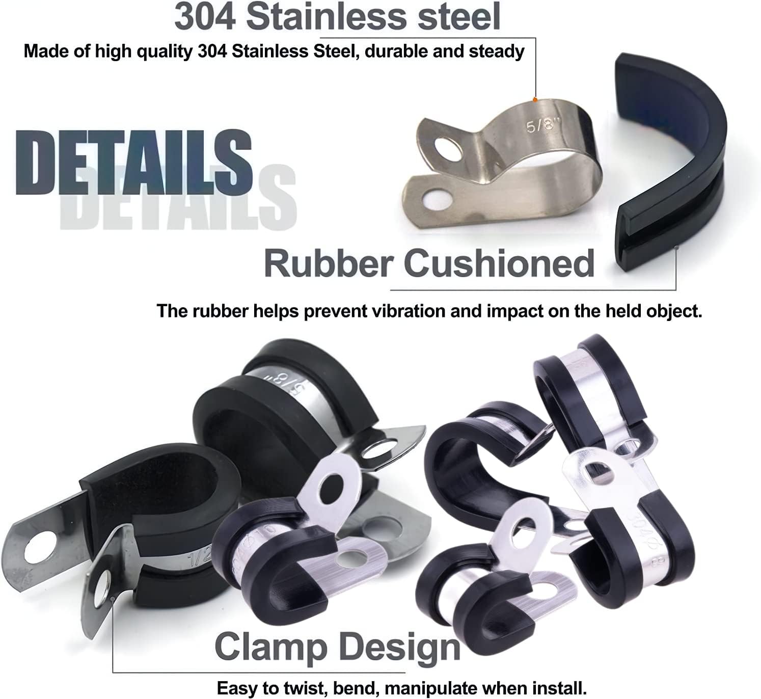 Cable Clamp Assortment Kit, 68 Pieces 304 Stainless Steel Cushion Pipe Clamps Line Clamps Assorted in 8 Size 1/4'' 5/16'' 3/8'' 1/2'' 5/8'' 3/4'' 7/8'' 1'' Come With Durable PP Storage Case with