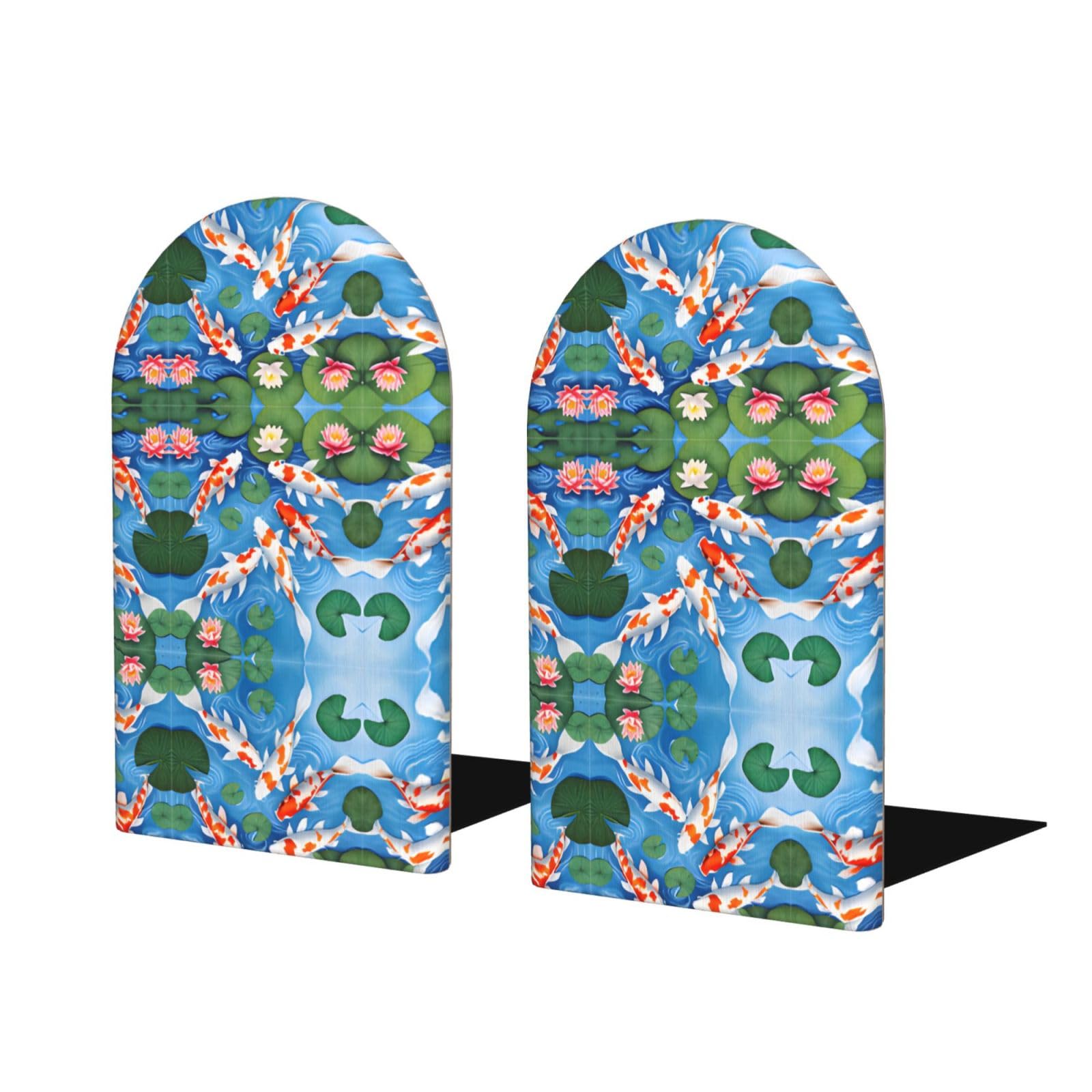 Japanese Fish Stylish Bookends with Full-Print Design Durable Wooden and Metal Bookend Set for Home, Office