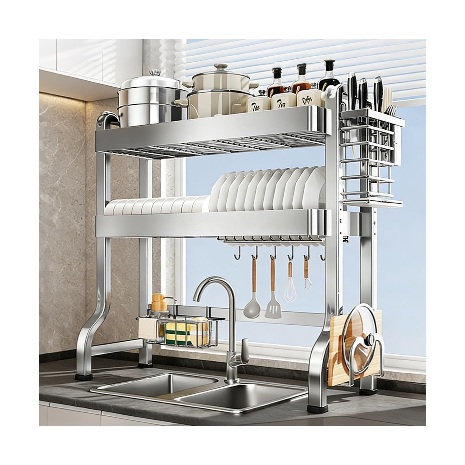 Scolapiatti in Acciaio Inox - Portaoggetti e gocciolatoi per lavello da Cucina, 84 cm di Spazio sopra Il lavello, Facile da Montare, Versione migliorata per Una Gestione efficiente