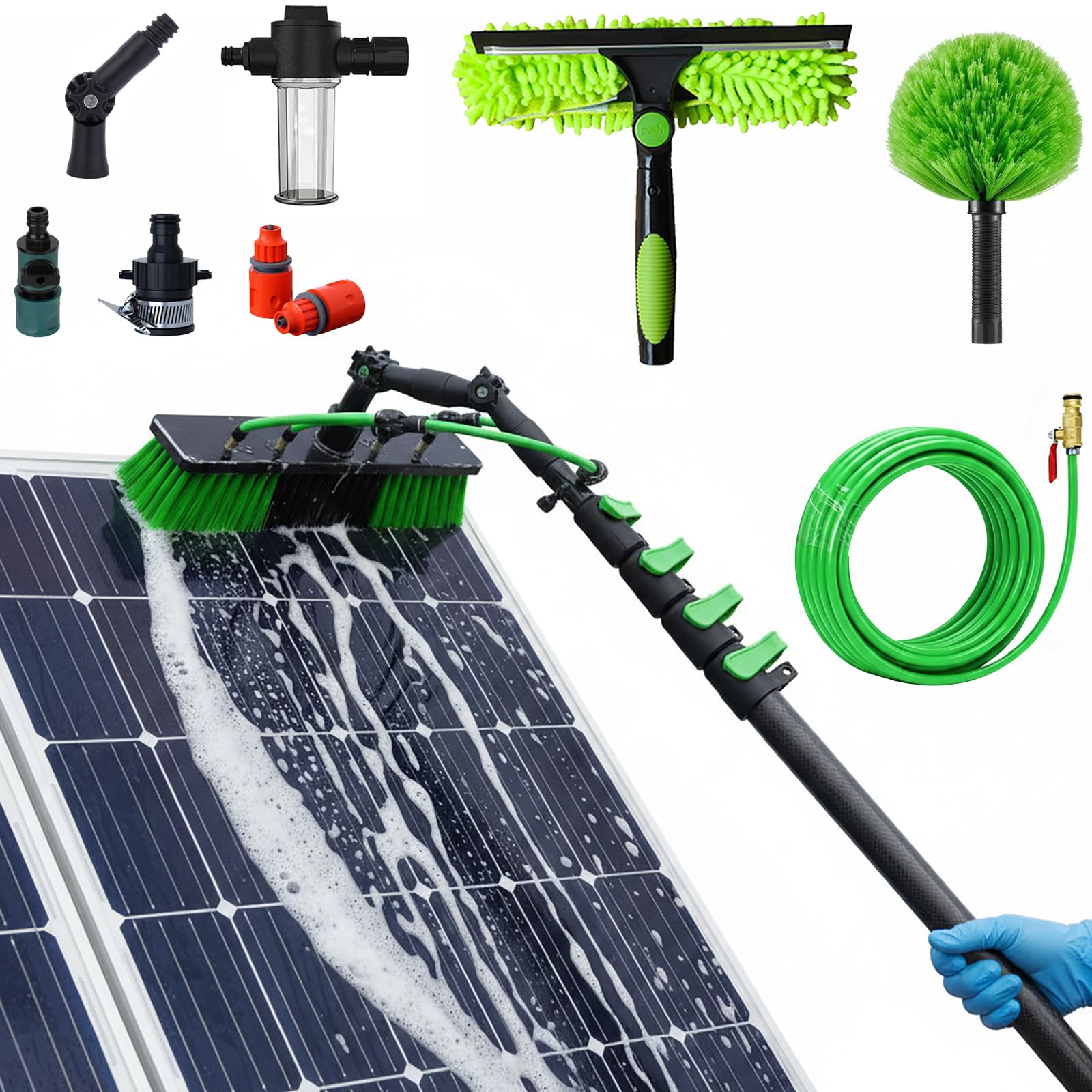 3.6m - 20m Carbon Fibre Telescopic Washing Pole Kit: w/Water-fed Brush, Cobweb Brush,Squeegee, Soap Dispenser & 20m Hose for Cleaning Solar Panels,Window, Roofs, Car, Trucks (35cm brush,15.2m)