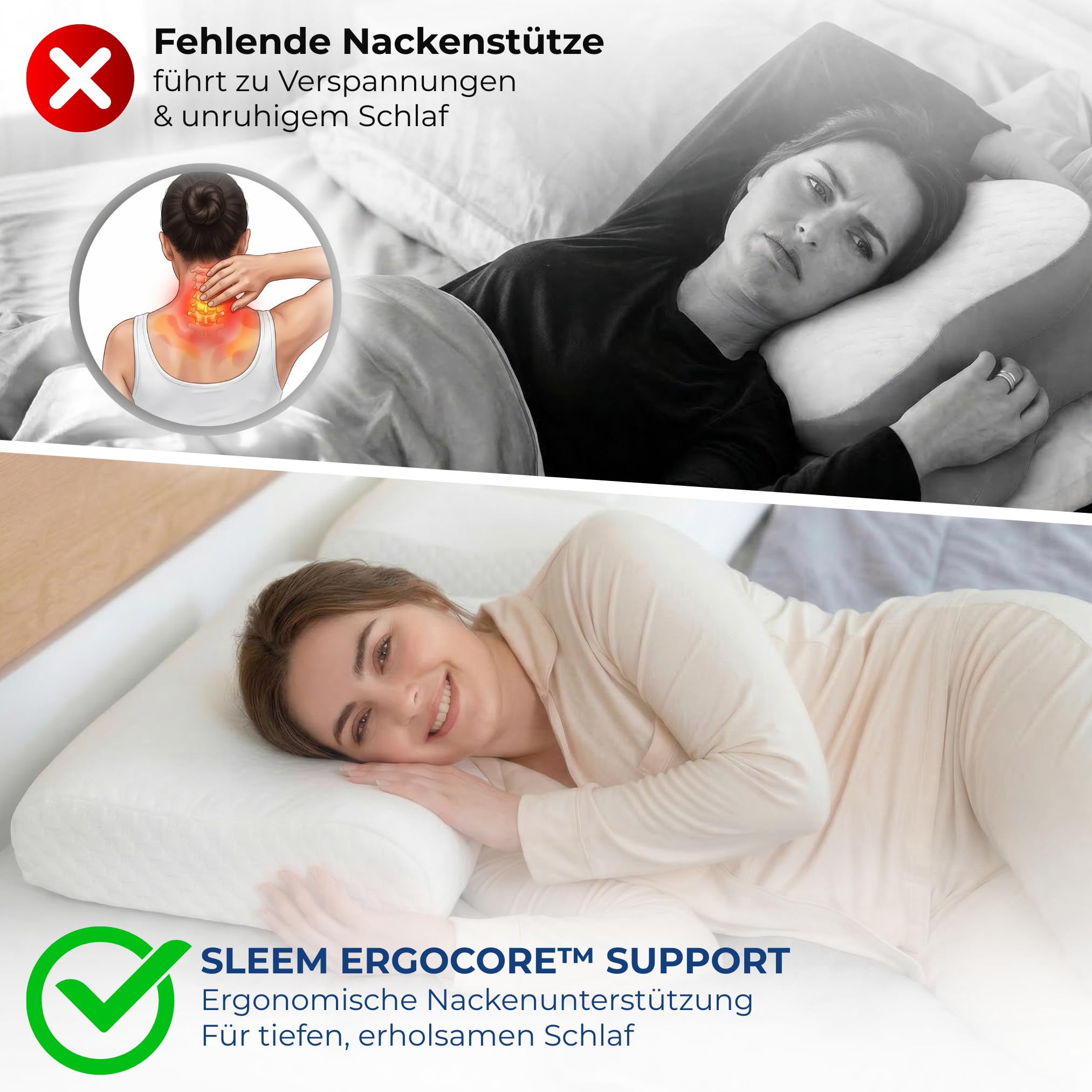 Sleem Almohada cervical híbrida – Almohada ergonómica con núcleo de espuma viscoelástica y comodidad de plumón · Se puede utilizar por ambos lados · Altura ajustable · Para dormir de lado y de espalda