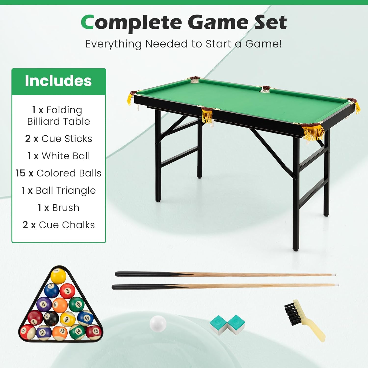 GLACER 48" Foldable Pool Table Set, Portable Billiards Table with 2 Cue Sticks, 16 Balls, Triangle Rack, 2 Chalks & Brush, Compact Folding Design for Kids, Indoor & Outdoor Use