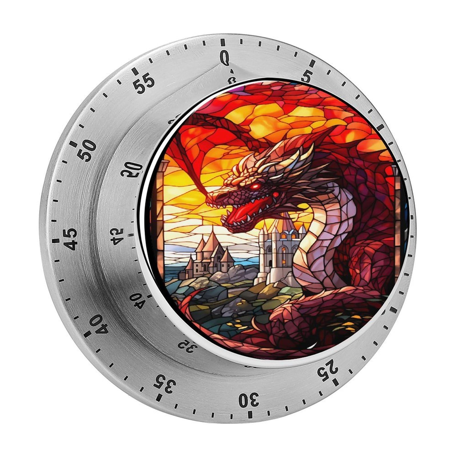 Stained Glass Dragon 60 Minute Wind Up Timer,Visual Mechanical Magnetic Timer with Loud Alarm for Kitchen