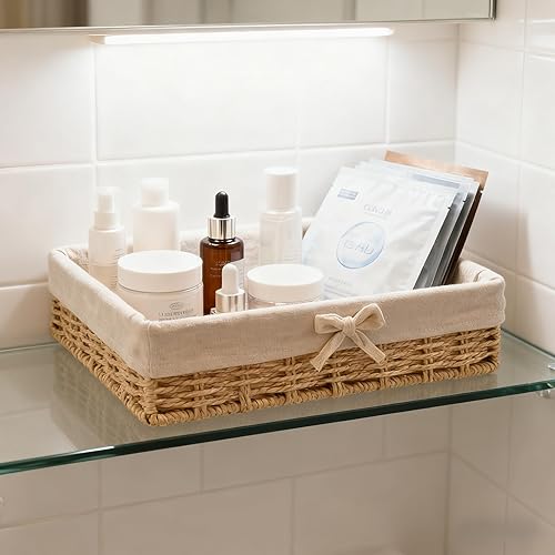Miniatura 6 de Cestas de almacenamiento de mimbre tejidas a mano para estantes, cesta de ratán para almacenamiento de baño con forro decorativo rectangular para