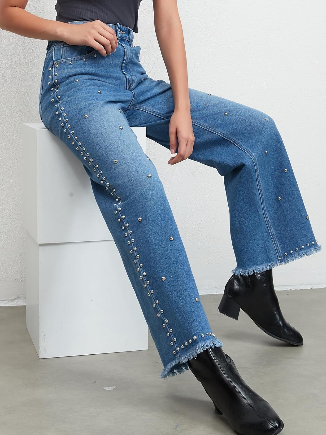 Studded Wide Straight Leg Jeans for Women Stretchy Mid Rise Baggy Raw Hem Rivet Denim Pants Trendy - Image 5