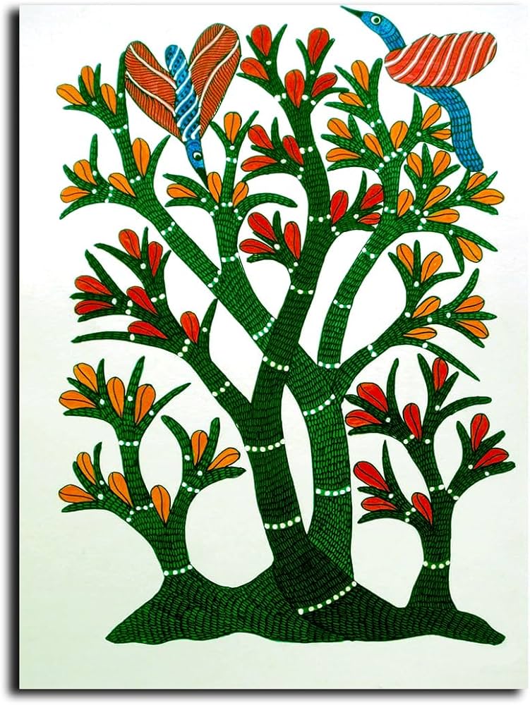 Sikhash Gond Art Canvas Paintings, Colorful Tree, Traditional Art