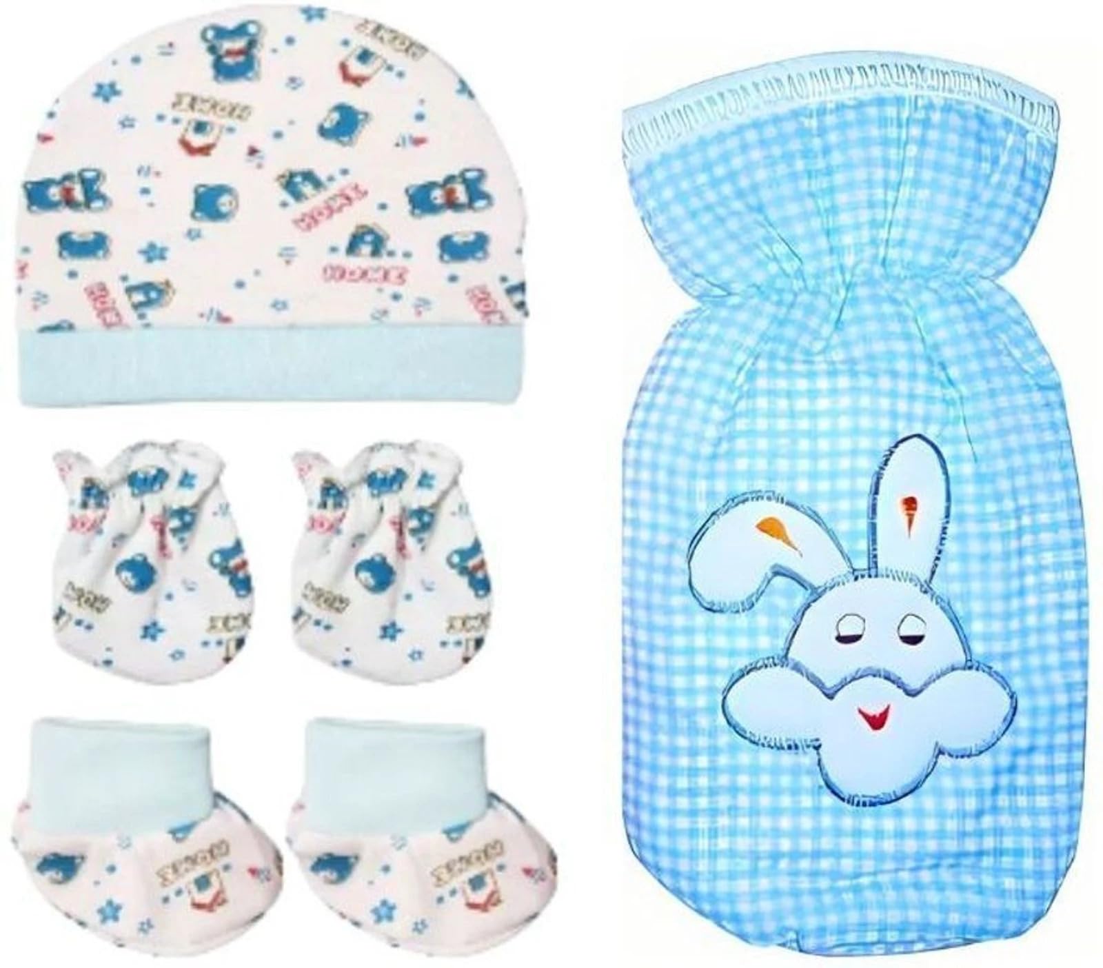Newborn Baby Cap, Mittens and Booties Set with Feeding Bottle Cover, Blue, Bear Print, 4-Piece-image-20