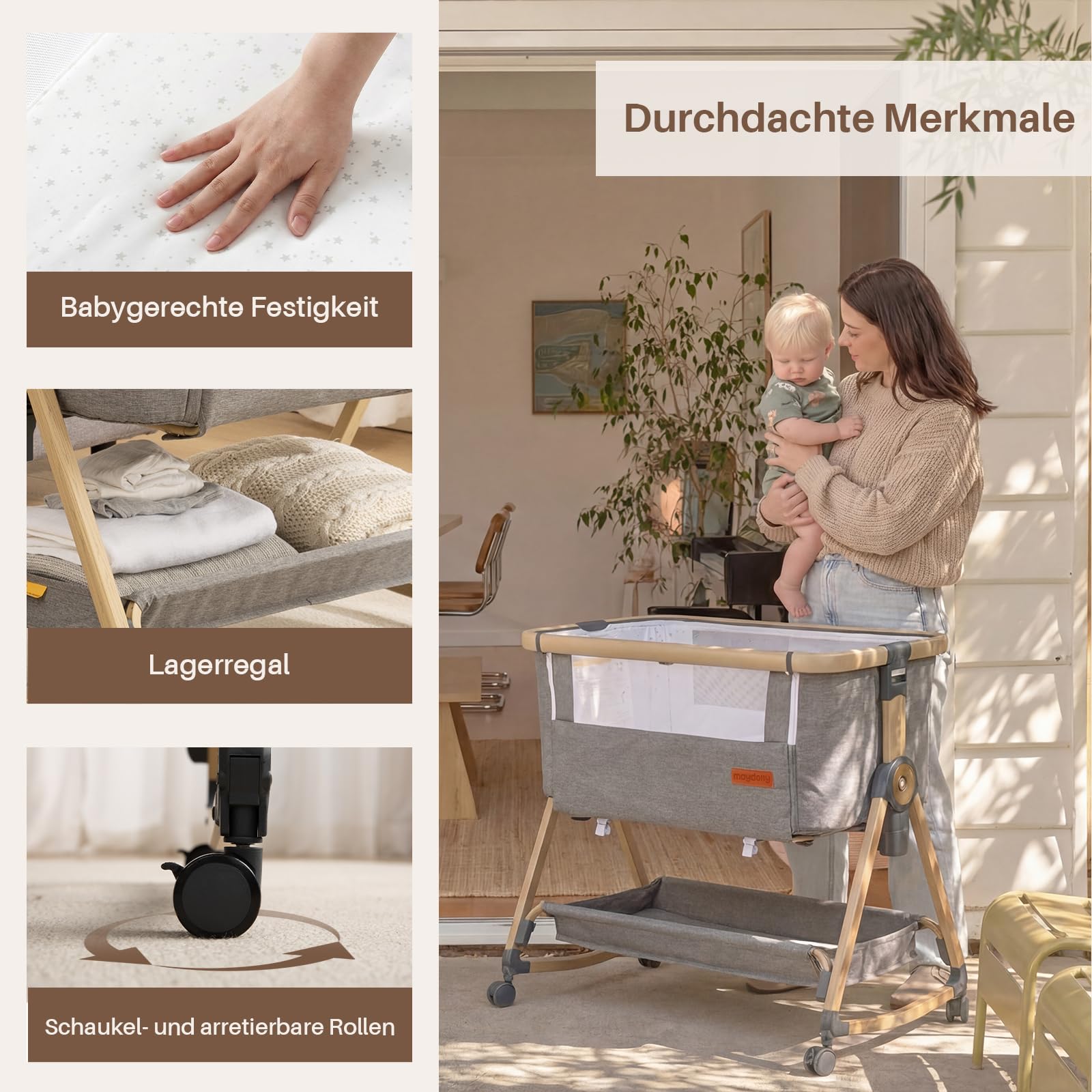Maydolly 3-in-1 Baby Beistellbett – Vielseitiges Beistellbett, Reisebett & Stubenwagen inklusive Matratze & Moskitonetz – Höhenverstellbar mit Rollen, klappbar und mit Tragetasche – Grau
