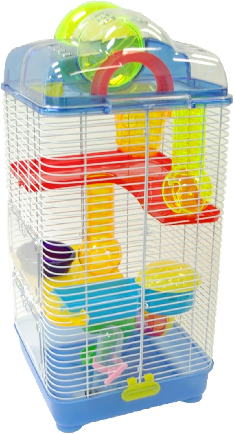 YML 3-Level Clear Plastic Dwarf Hamster Mice Cage with Ball on Top, Blue
