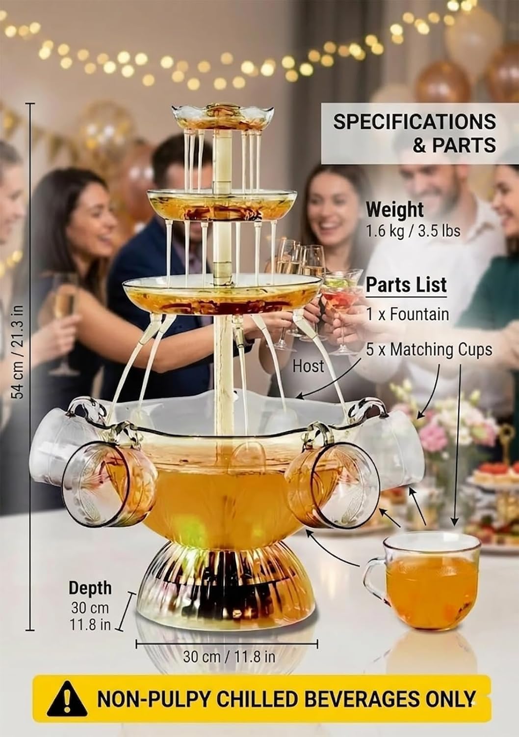 3-Tier Drink Fountain for Parties, LED Lighted Beverage Dispenser | Clear AS material, 5 reusable cups, 3L large capacity, backyard BBQ hosting,family holiday gathering,outdoor picnics,weddings