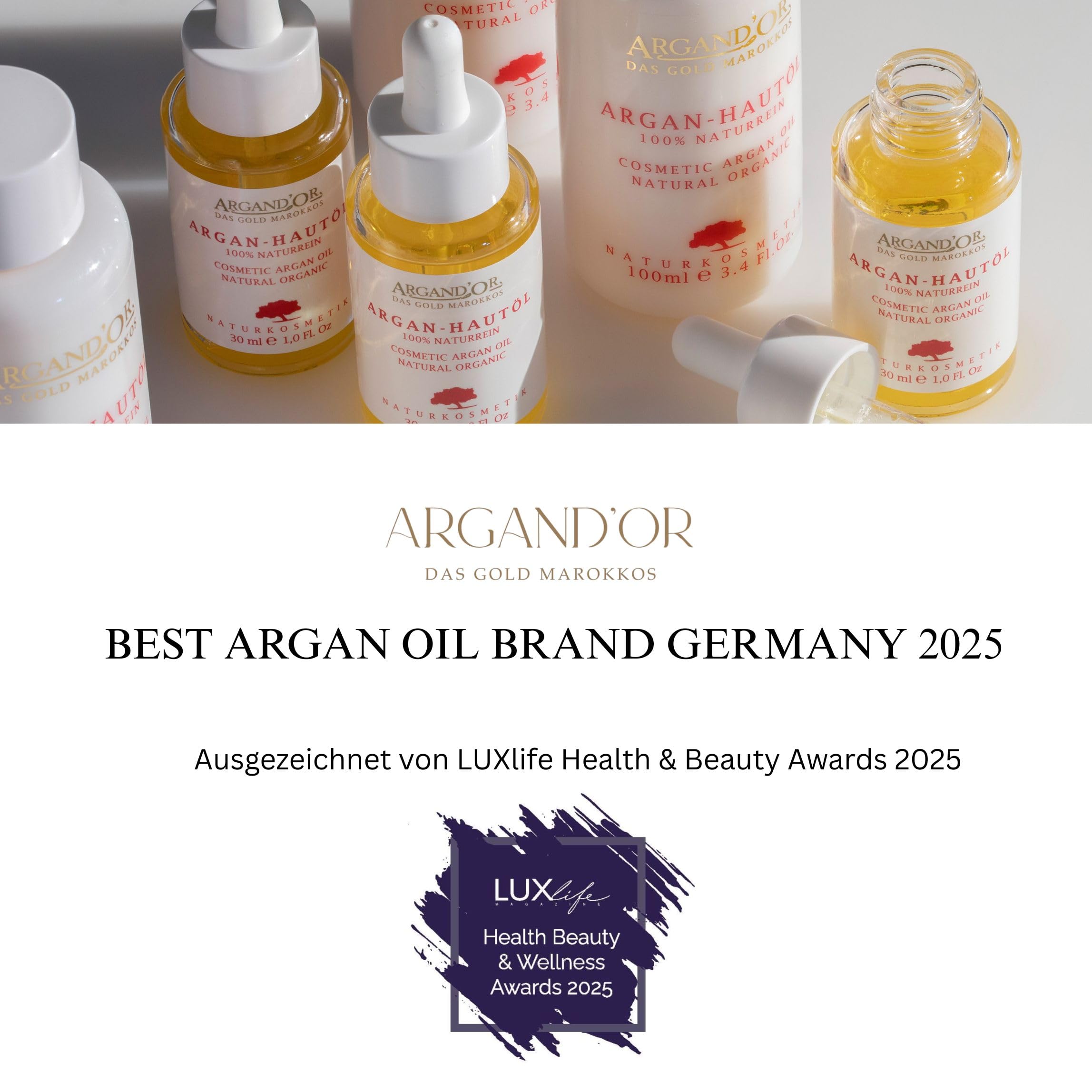 ARGANDOR Bio Arganöl-Gesichtsöl „Rose“ 50ml - Pflegt - Regeneriert - Spendet Feuchtigkeit - Mit hygienischer Pipette - Für alle Haut-Typen - Vegane Naturkosmetik