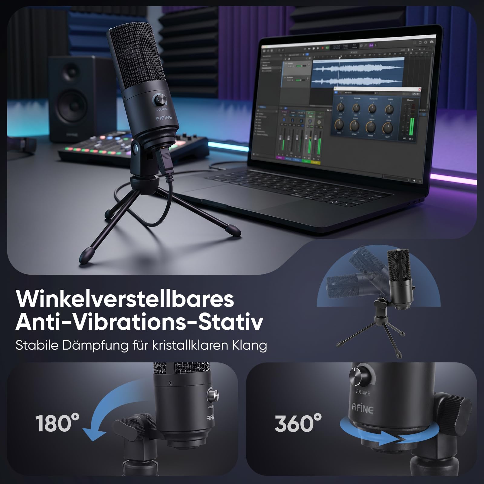 FIFINE USB Mikrofon PC Streaming, Podcast Microphone mit Ständer für MAC PS4 PS5, Kondensator Microfon für Studio Gaming - Schwarz