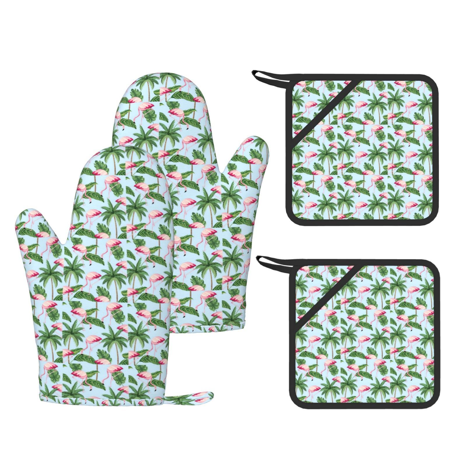 Tropical flamingos Printed Cooking Mitts and Pot Holders 4 Pcs, Heat Resistant Oven Gloves with Hanging Loop Chef