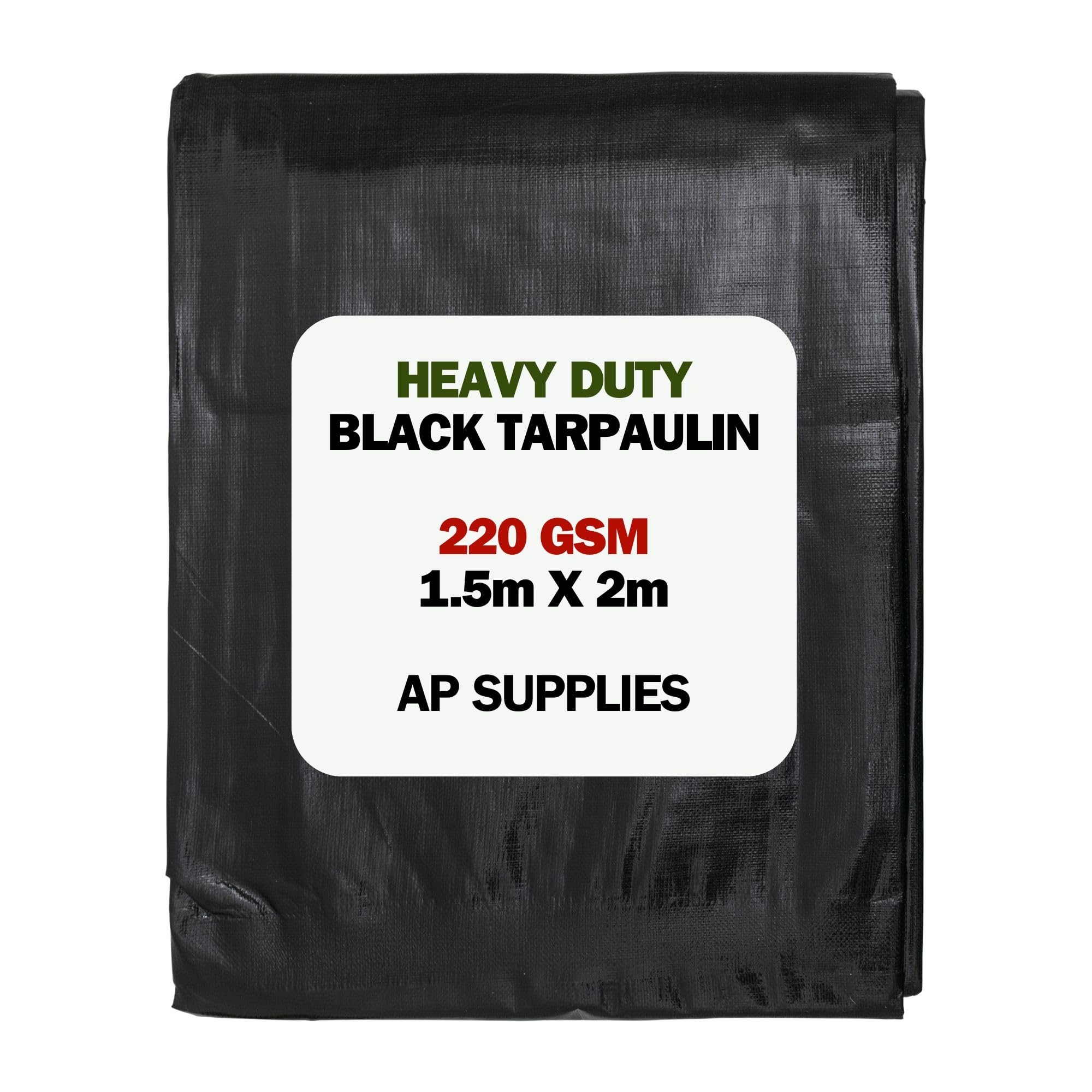 AP Supplies Black Tarpaulin 220gsm 1.5m x 2m – Heavy Duty Waterproof Cover with Reinforced Edges & Rust-Resistant Eyelets – Durable Polyethylene Outdoor Sheet for Construction, Garden & Camping