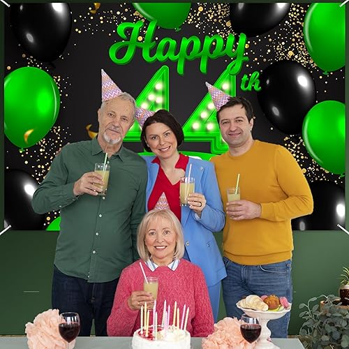 Miniatura 10 de Cartel de feliz cumpleaños 75 verde y negro, telón de fondo con texto en inglés "Cheers to 75 years old confeti globos", decoraciones temáticas para