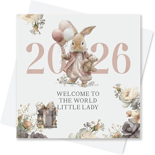 Born In 2026 Card for Baby Girl - Welcome To The World Little Lady Greeting Card for Newborn (Rabbit Card - 2026, Pink)
