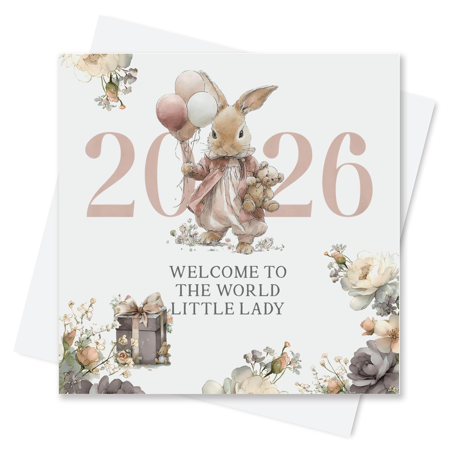 Born In 2026 Card for Baby Girl - Welcome To The World Little Lady Greeting Card for Newborn (Rabbit Card - 2026, Pink)