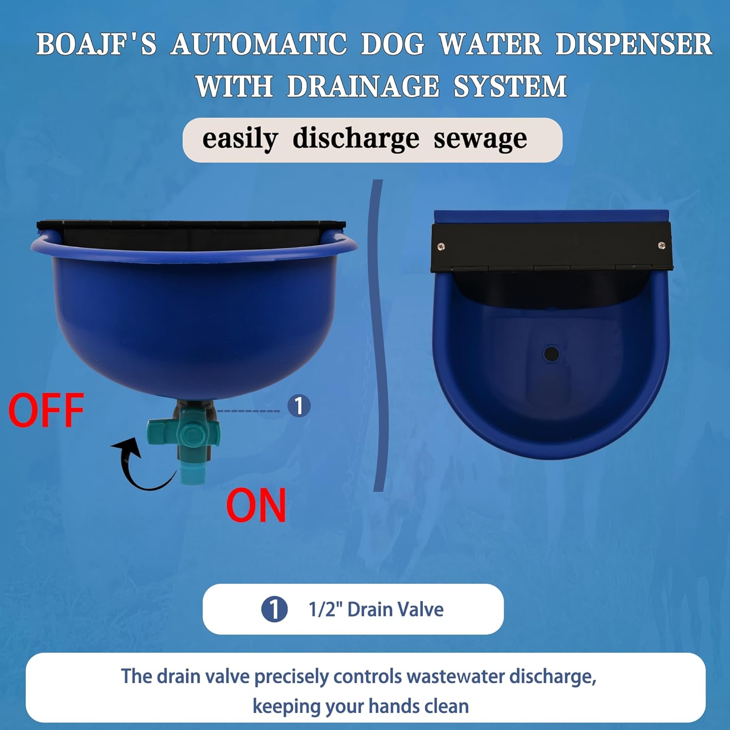 Automatic Water Dispenser for Dogs with Drain Hole & Drain Valve, 1 Gallon Auto Dog Water Bowl Outdoor with Float Valve, Hose Quick Connect Fitting, for Livestock, Chicken, Horse (Blue)