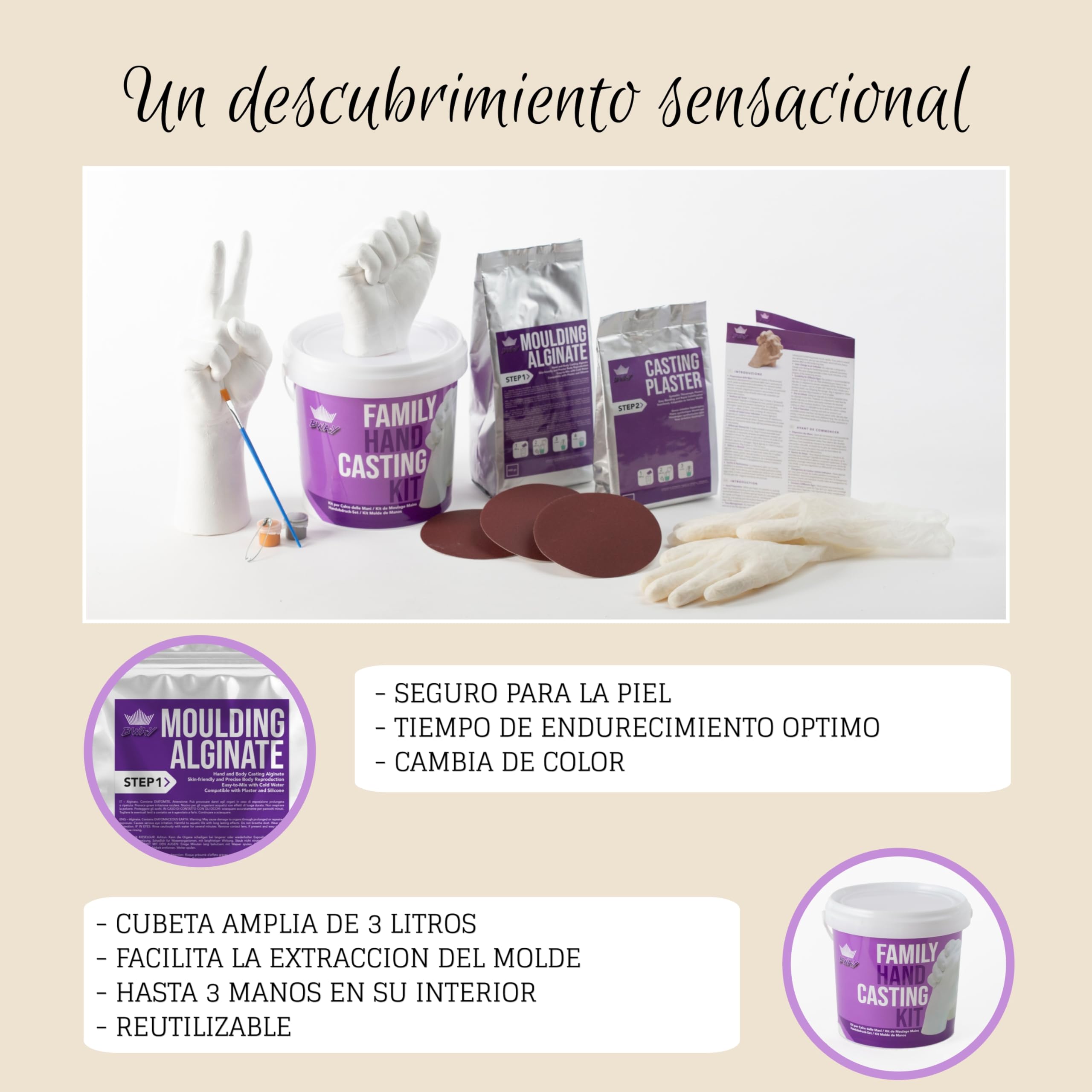 BWAY Moldes Manos Kit - Alginato para Moldes - Escultura Manos Pareja - Fácil de Usar y Excelente Nivel de Detalle - Instrucciones multilingües