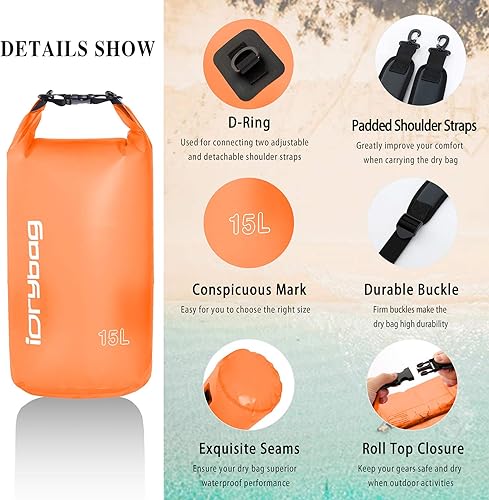 Miniatura 8 de IDRYBAG Bolsa seca transparente impermeable flotante 2L5L10L15L20L, saco seco ligero deportes acuáticos, bolsa impermeable marina enrollable para