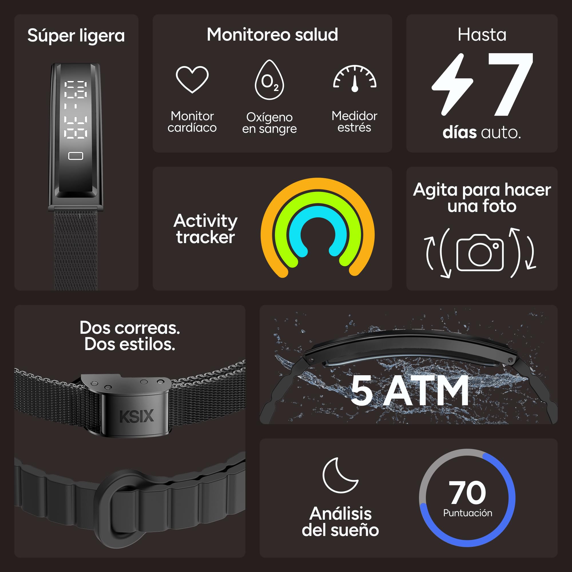 KSIX Serena Smartband Mujer con Pantalla, Pulsera Inteligente con Monitor de Actividad y sueño, App sin suscripción, 100 Modos Deporte, batería 7 días, 5 ATM, 2 Correas Silicona y metálica