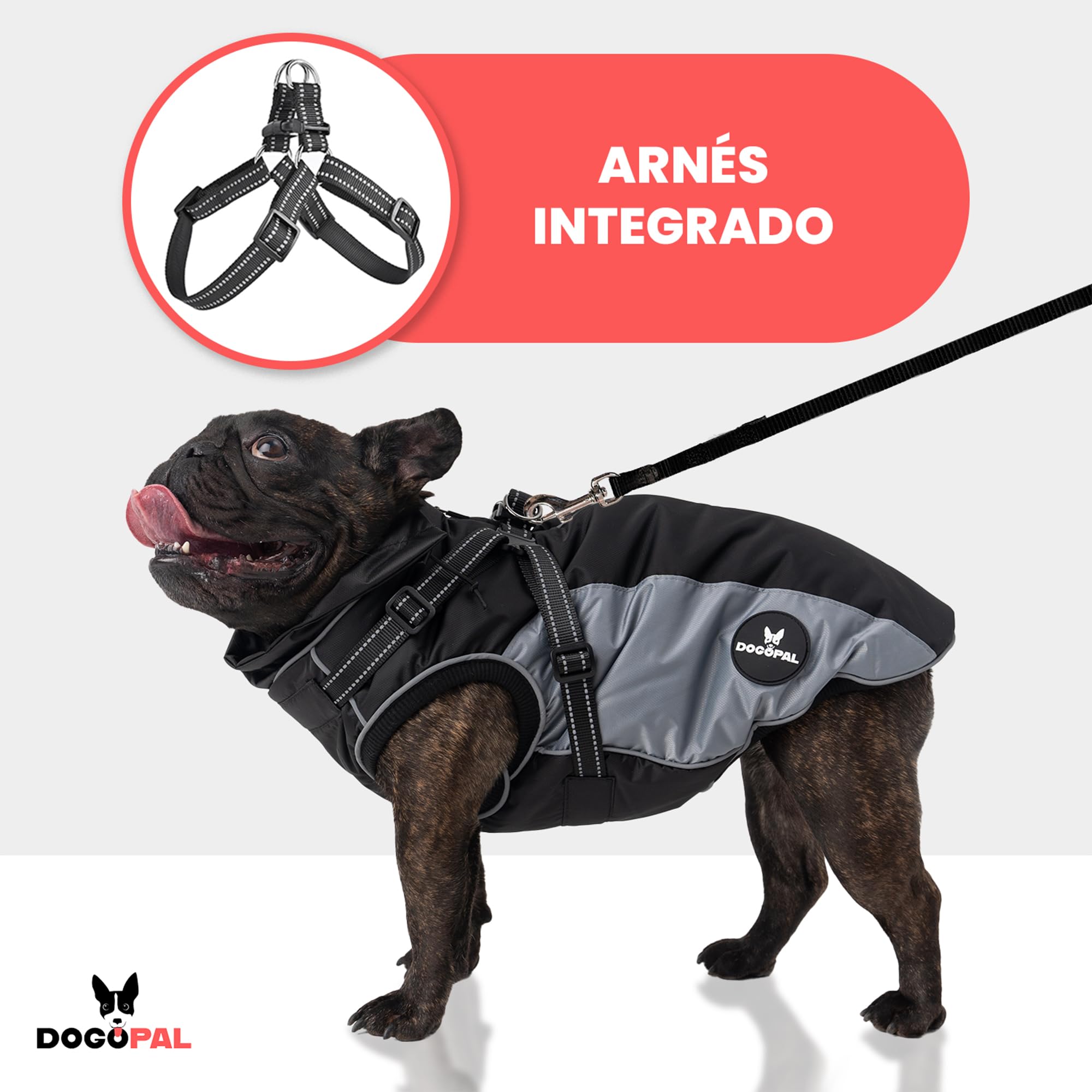 DOGOPAL Abrigo Impermeable para Perros con Arnés Integrado – Chaqueta Reflectante, Cortavientos y Cálida para Perros Pequeños, Medianos y Grandes (Gris, 55)