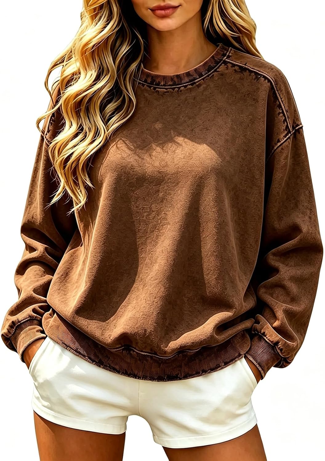 Crew Neck Sweatshirt For Women Vintage Neck Hem Long Sleeve Winter Pullover