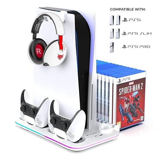 EvoFox Frostdock 5 PS5 Cooling Dock with Dual Controller Charging Station, 3 Speed Fan up to 3900 RPM, 14 Disc Storage, 19 Mode RGB Lighting, USB Port, Vertical Stand for PS5 Digital Disc Slim & Pro