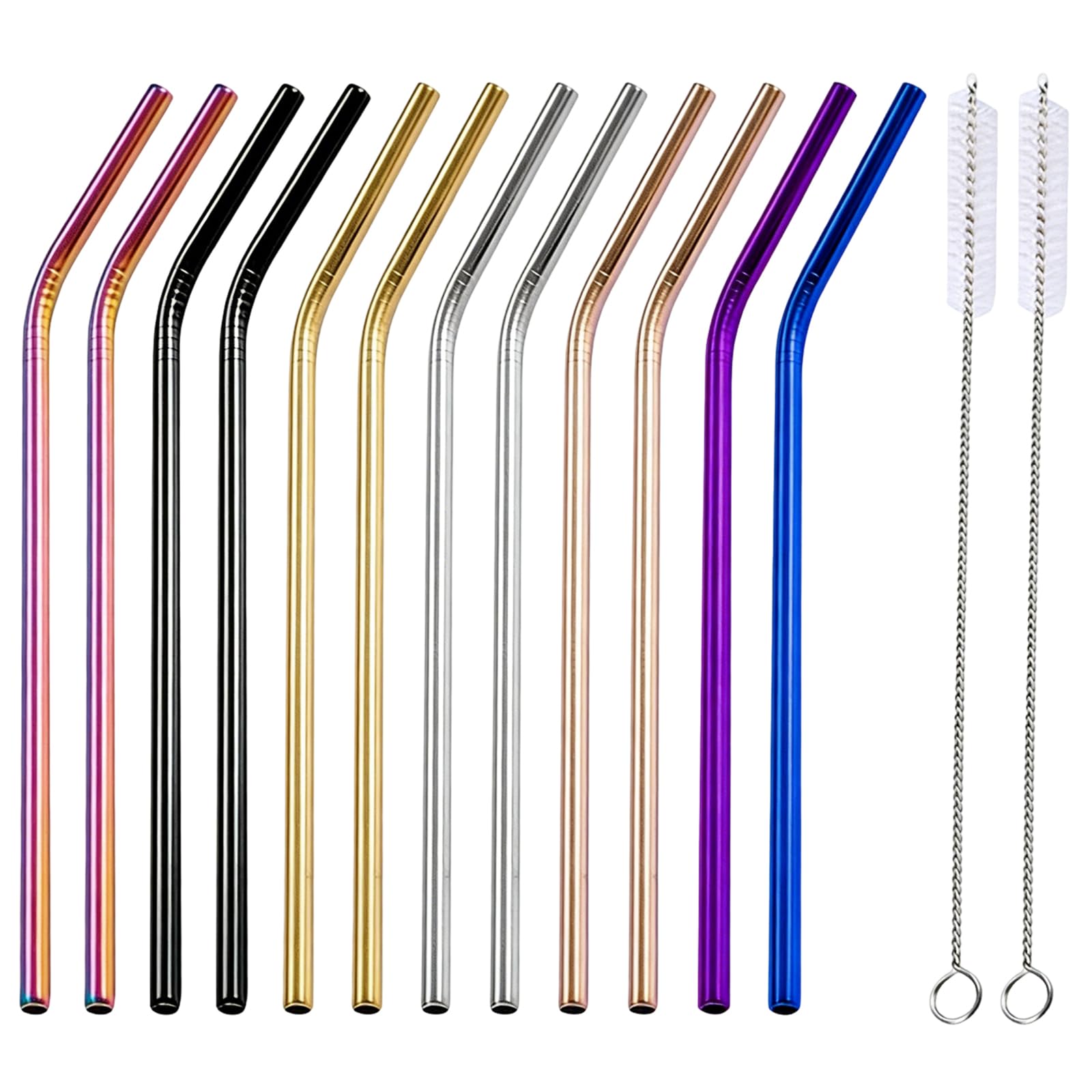 12 Pcs Metal Straws Drinking, Stainless Steel Straws Set with Two Cleaning Brushes, Multi-Colour Metal Drinking Straws for Cocktails Smoothies,Hot Drinks and Beverages