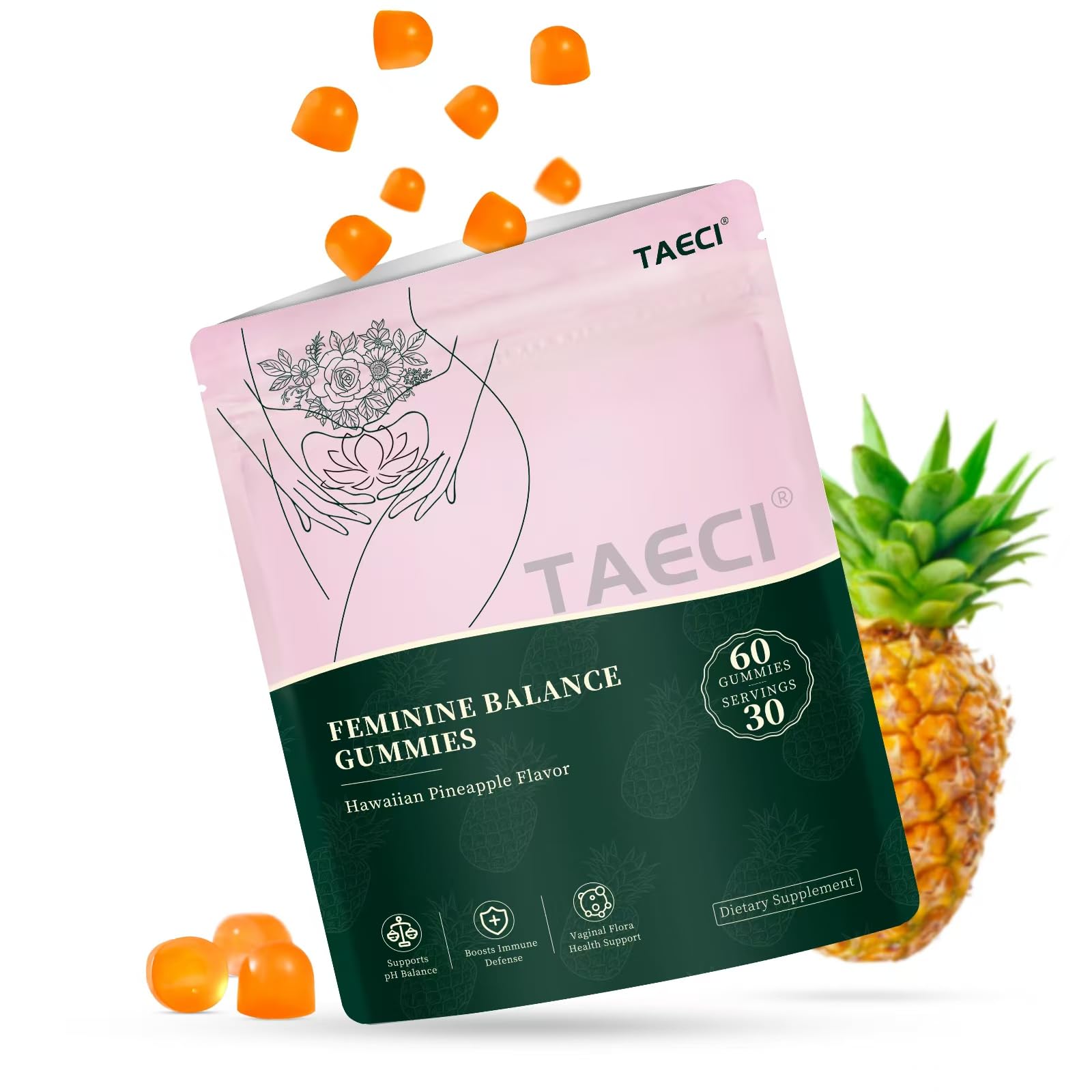 Premium Feminine Balance Gummies for Women – pH & Immune Support with Probiotics – Hawaiian Pineapple Flavor – Vegan, Gluten-Free Supplement – 60 Gummies (30 Servings)