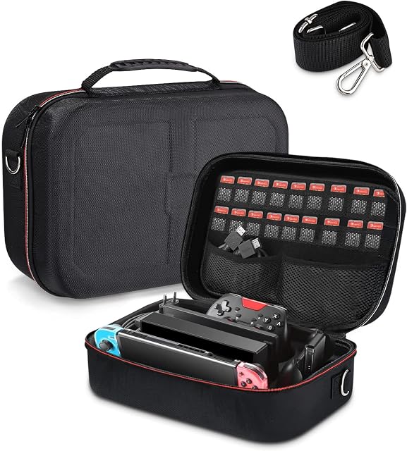 Etui kompatybilne z Nintendo Switch / Nintendo Switch OLED, twarde etui na konsolę NS Switch, stację dokującą Switch, kabel HDMI, kontroler Pro i inne akcesoria z 18 wkładami z gramig