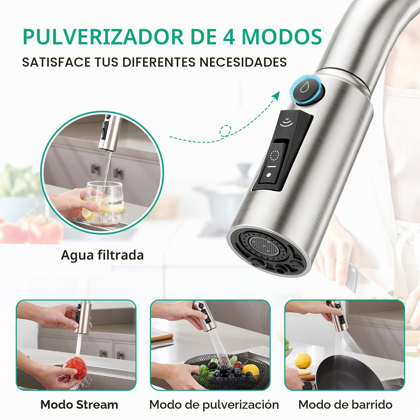 CREA Grifo de cocina de 3 vías,Giratorio a 360° Grifo Monomando Fregadero De Cocina Para Filtro De Agua,3 En 1 Grifo De Fregadero De Cocina Para Sistemas De Ósmosis Latón,Acero Inoxidable Cepillado