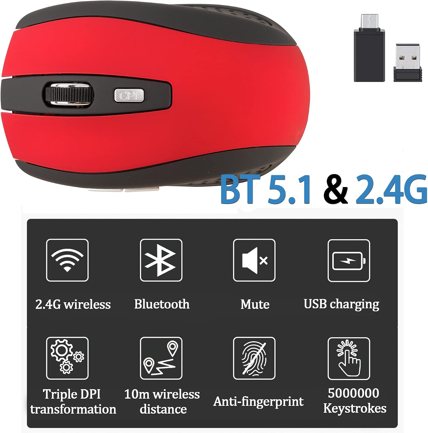 KASOTT Bluetooth Wireless Mouse, 2.4G Ergonomic Wireless Computer Mouse with 2500 Adjustable DPI, 6 Buttons Cordless Silent Mouse with USB Receiver and Type C Adapter for Laptop PC Mac MacBook (Red)