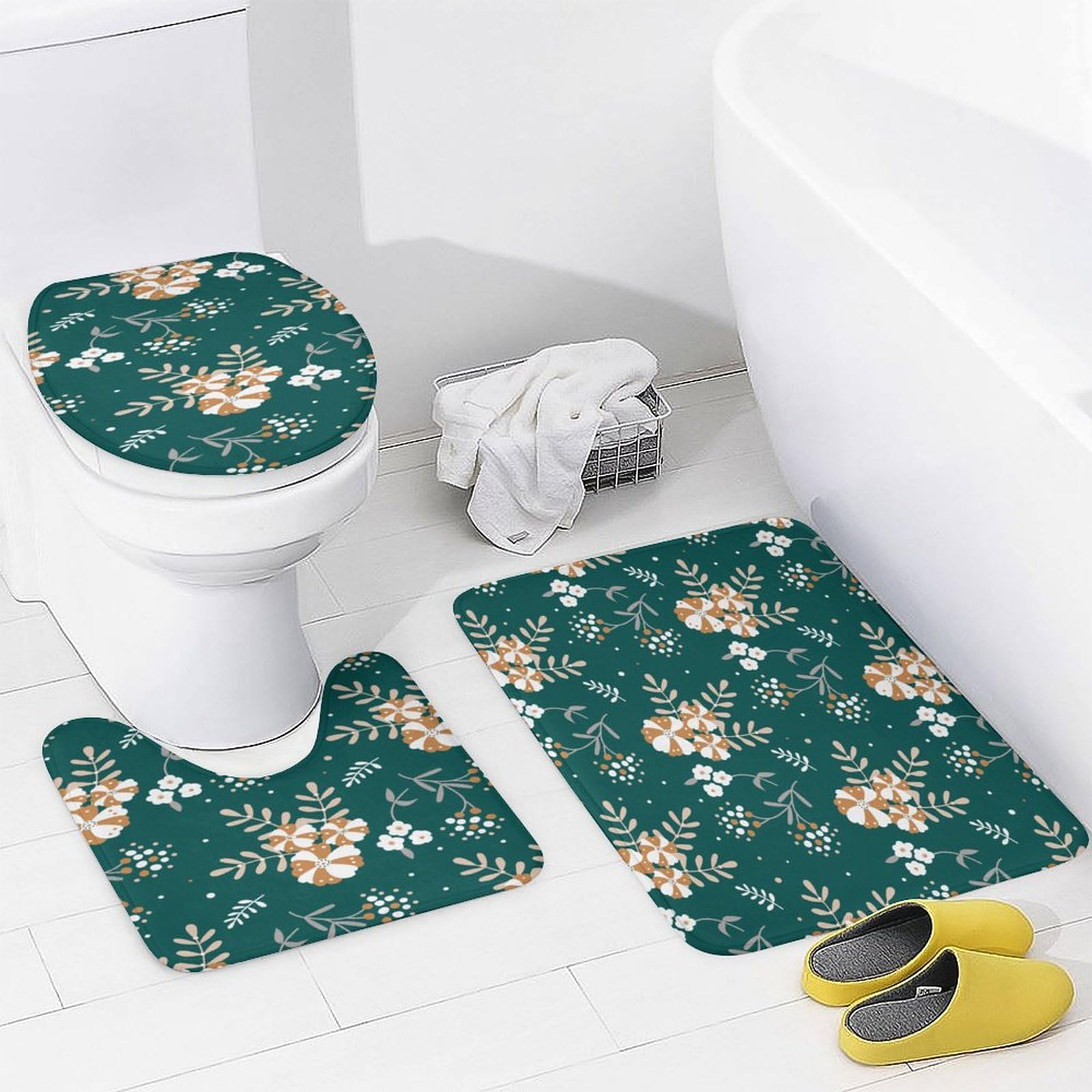 Flores, Navidad, Green Baño de Cuatro Piezas Tappeto De Baño Absorbente Y Antideslizante, con Material De Diatomita, Ideal para Baños Modernos 183×183cm