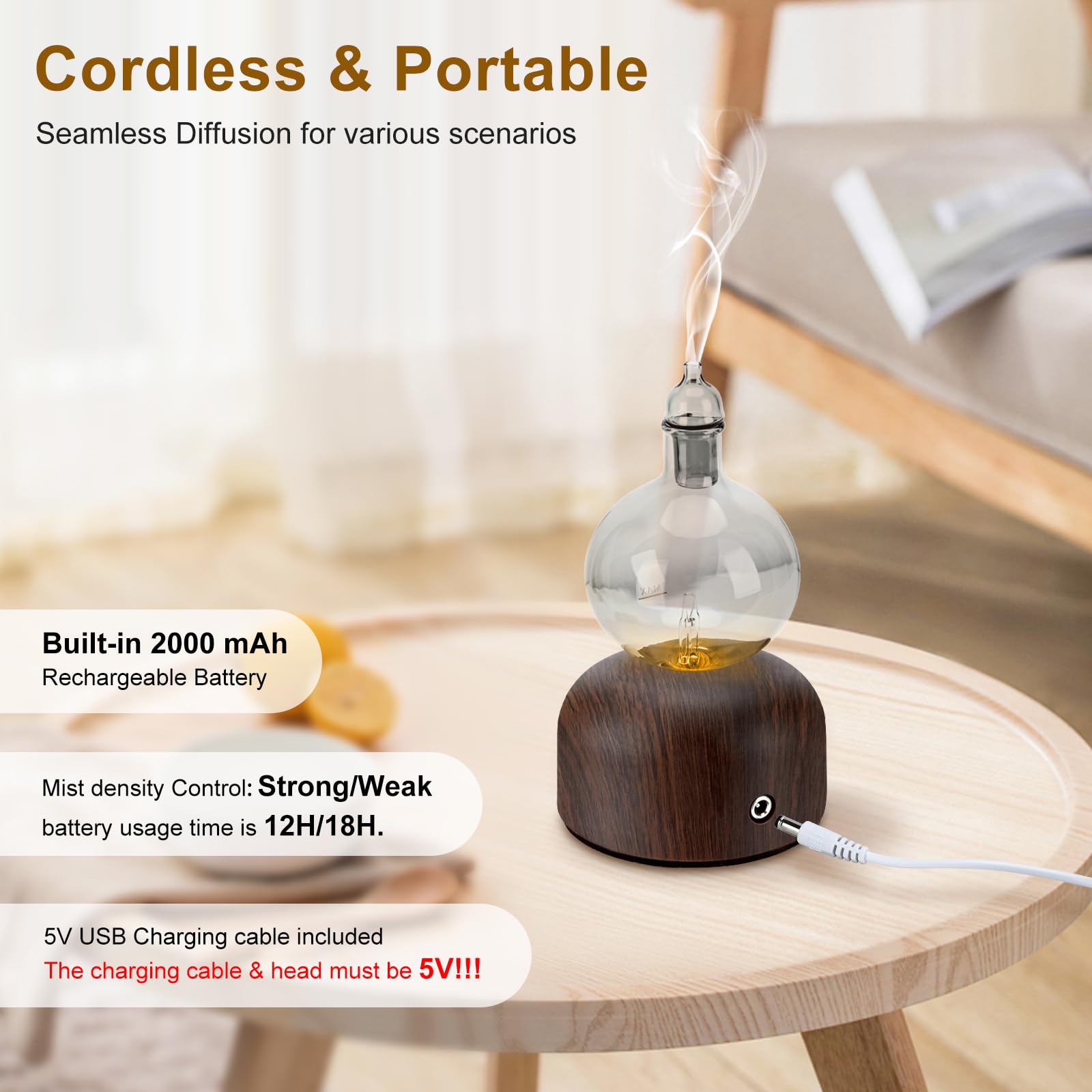 Diffusore senz'acqua per oli essenziali Lychee senza fili, a batteria, diffusore di arromaterapia, nebulizzatore per nebbia con 2 modalità, inizio ciclo, per ambienti da 50 a 80 m² Home Off