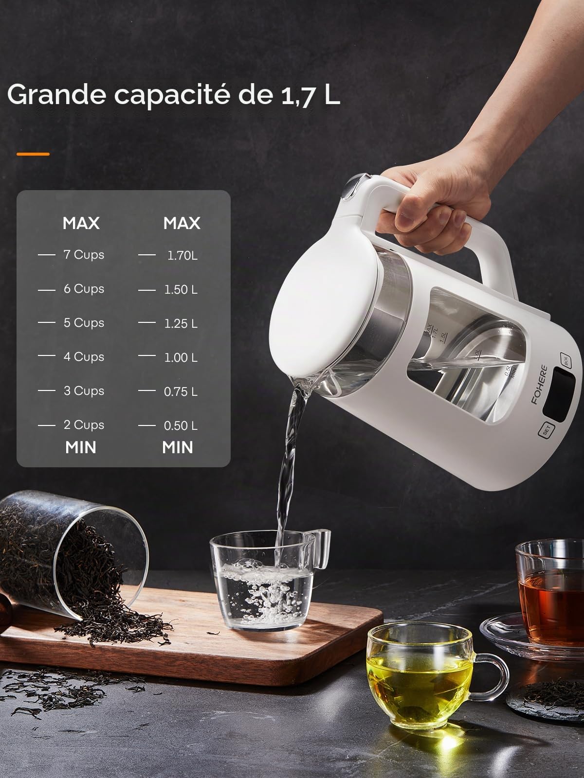 Bouilloire Électrique, 1.7L Bouilloire en Verre avec Maintien au Chaud, 5 Contrôles de Température, 2200W Ébullition Rapide, Arrêt Automatique et Protection Contre L'ébullition à Sec