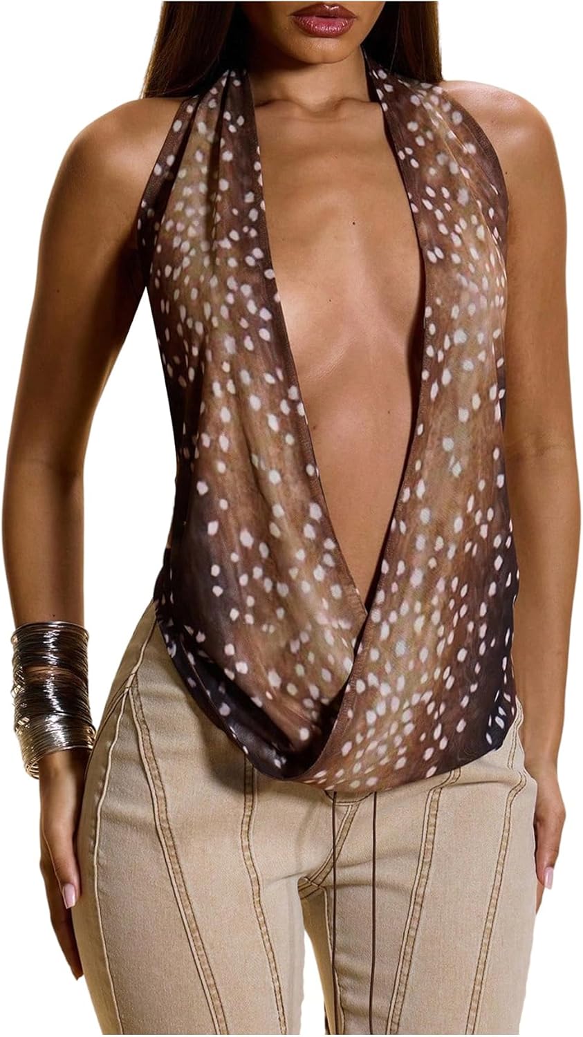 SHENHE Women's Sexy Animal Print Open Back Deep Plunge Halter Top Y2k Going Out Low Cut Top
