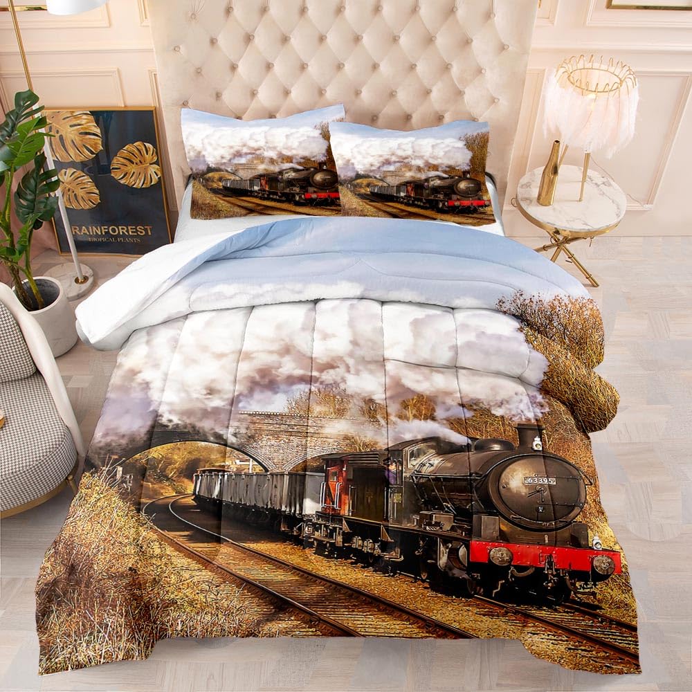 Couette imprimée train 203x228 cm en microfibre avec 2 taies d'oreiller