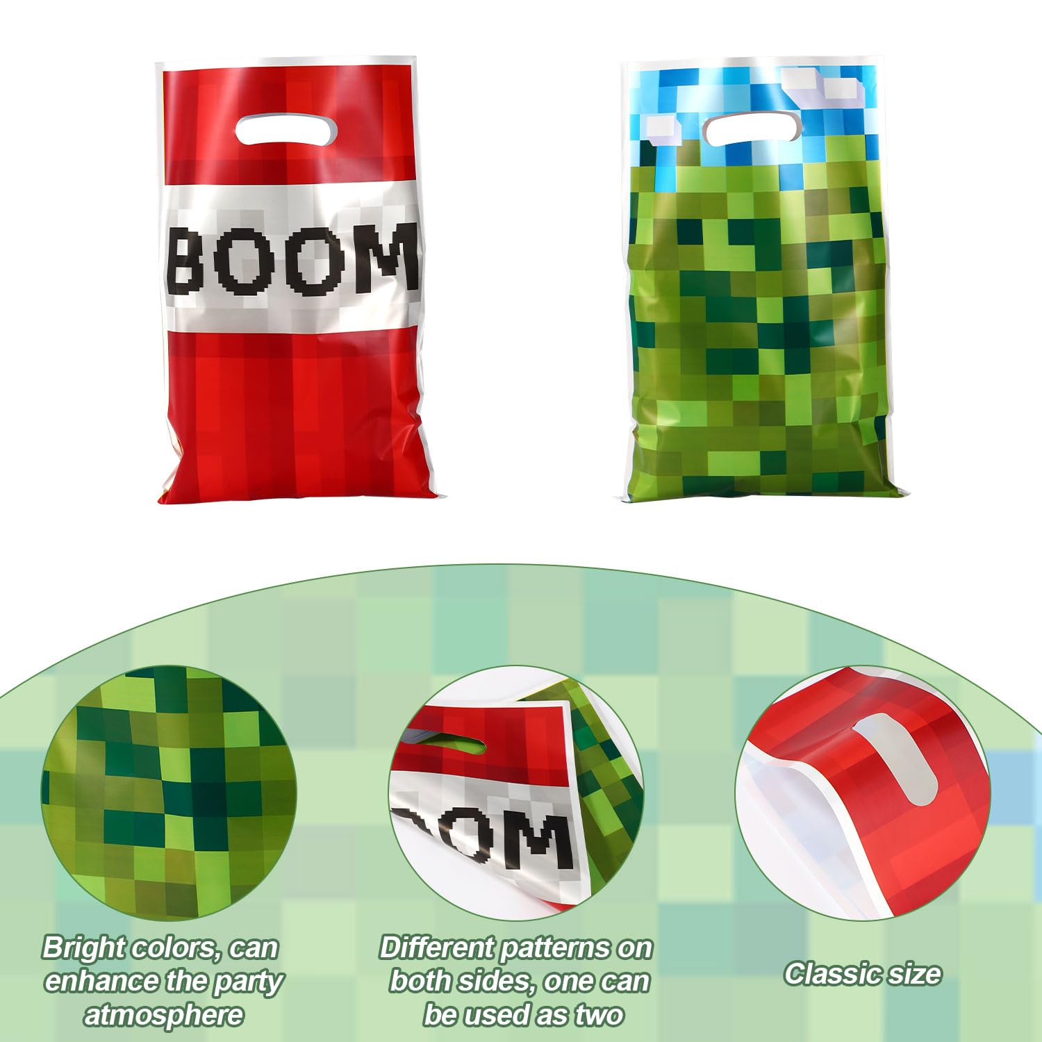 50pcs Party Favor Bags, Pixel Video Game Theme Gift Treat Bags Boom Plastic Candy Snack Bag with Handles for Kids Boys Girls Gamers Birthday Party Supplies (Blue, Green, Red)