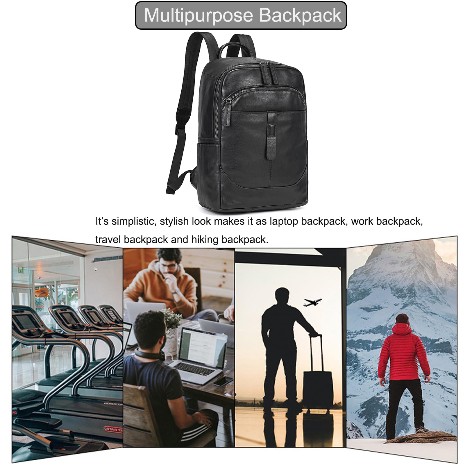 LUUFAN Borsa a tracolla in vera pelle per uomo, zaino casual con tasche multiple da 15,6 pollici, borsa per laptop per viaggi, lavoro all'aperto, nero
