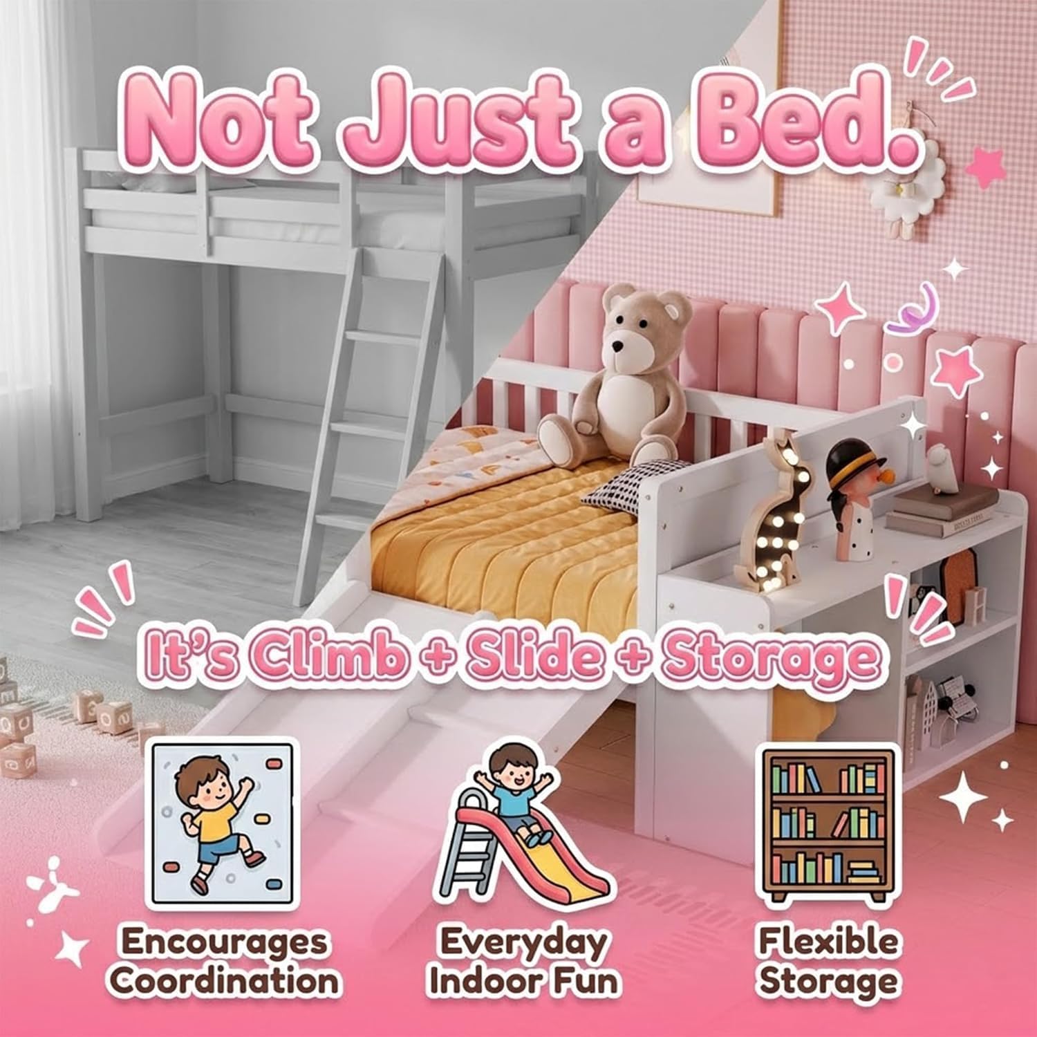 Twin Size Low Loft Bed with Slide and Movable Bookshelf,Kids Loft Beds with Guardrails and Storage,Wood Loft Bed Frame for Kids Girls Teens,No Box Spring Required,White