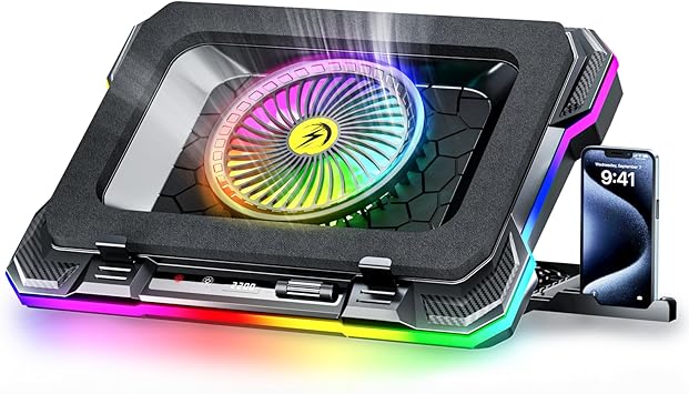 ChillCore RGB الألعاب الكمبيوتر المحمول وسادة التبريد مع مروحة توربو 5.5، التبريد السريع لأجهزة الكمبيوتر المحمولة 15.6-19.3، التحكم في السرعة المتغيرة، 7 مرتفعات قابلة للتعديل - K1 5 V RGB
