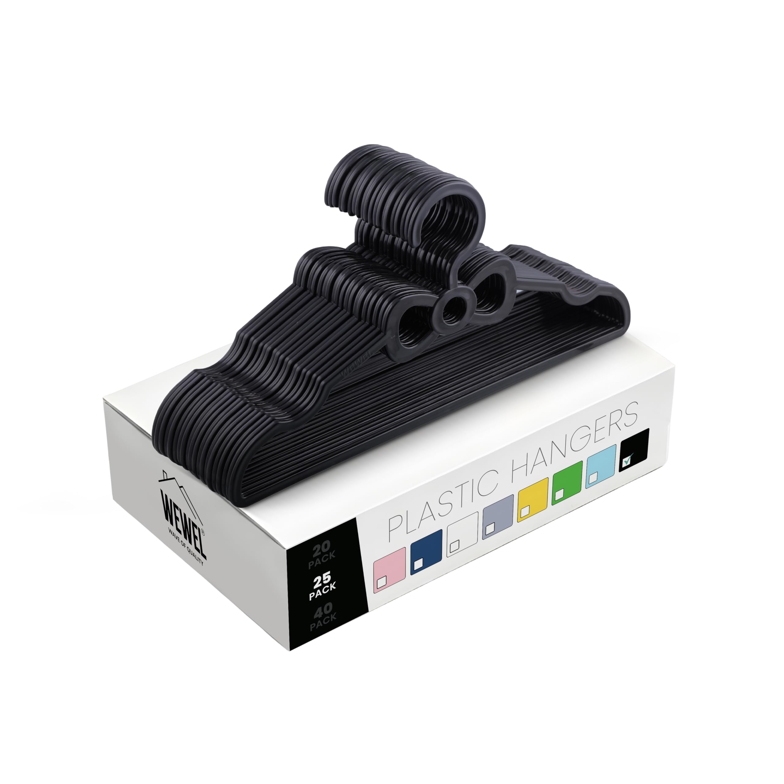 WEWEL Plastic 25 Pack Premium Clothes Hangers for Hanging Cloths, Elevate Your Wardrobe Organization in Multicolors with Cloth Hanger (Black, 25)